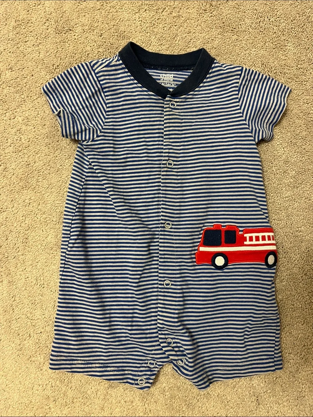 Carter's Blue and Gray Striped Baby Romper with Navy Trim
